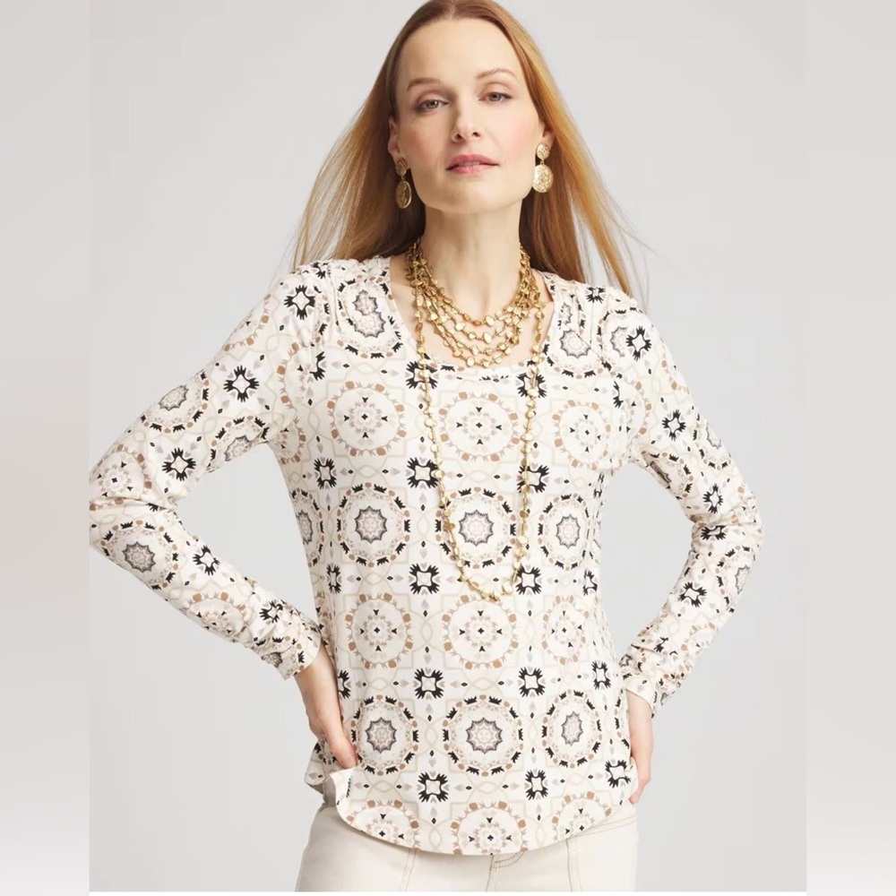 NWT Chico’s touch of cool Arab Tile Print Shirred Tee Top gathered sleeves XXL